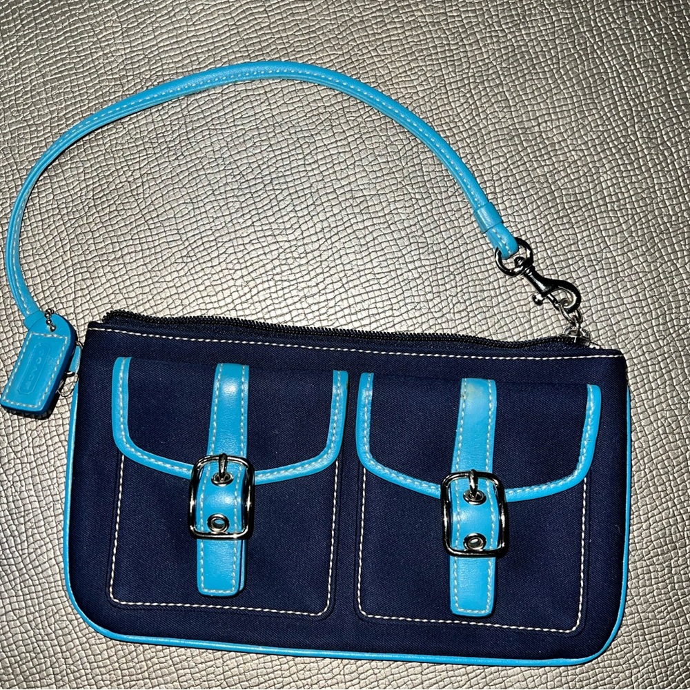Coach Womens Wristlet Blue Flap Stitching Detachable Strap Zipper Clutch MICRO